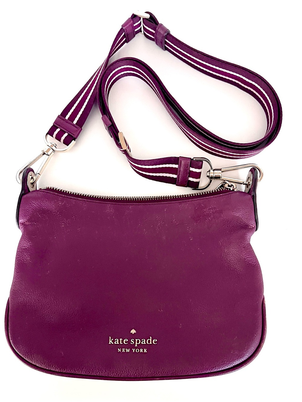 kate spade New York “Rosie” Dark Raspberry Leather Crossbody with Striped Strap